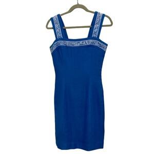 Vintage 70’s Leonard Paris Blue Linen Blend Embroidery Trim Sleeveless MiniDress